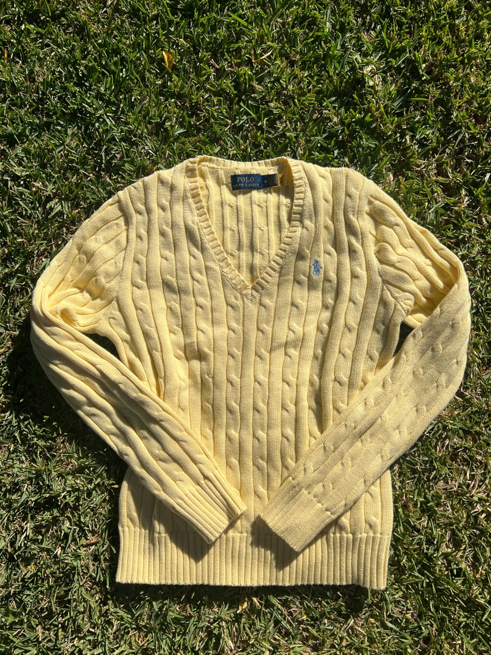 Ralph Lauren Butter Yellow Cable-Knit V-Neck Sweater